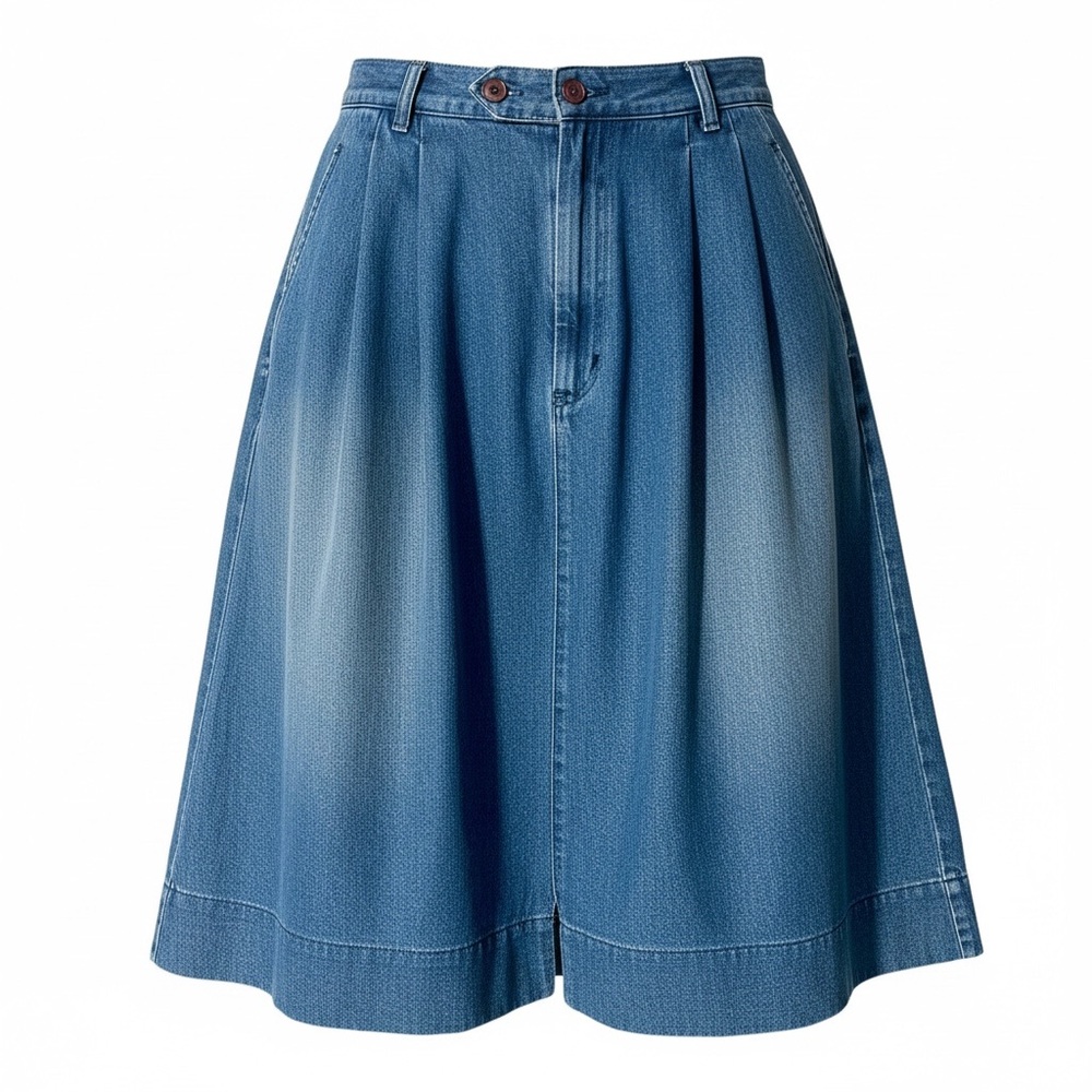Vintage Denim Midi Skirt Sz L Pleated Pockets Elastic Back Western Prairie Boho